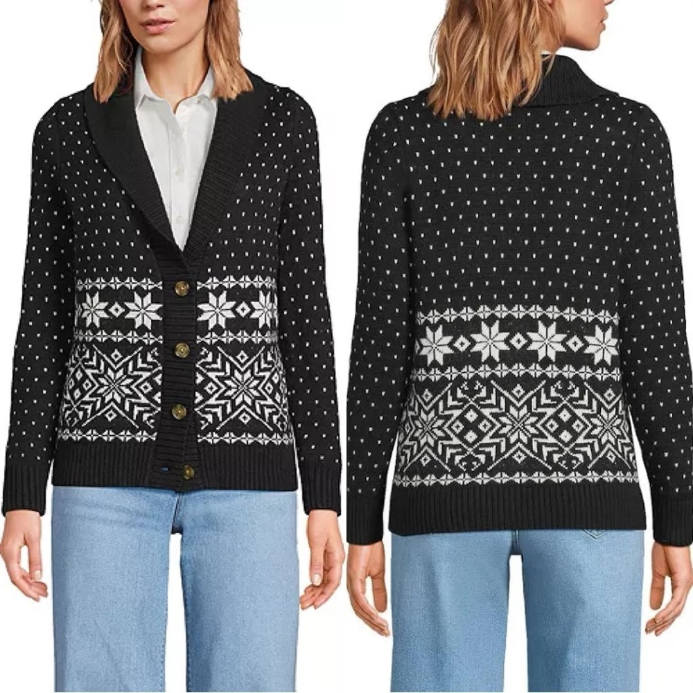 Lands’ End Women’s Wool Blend Cozy Lofty Jacquard Shawl Cardigan Sweater Black S